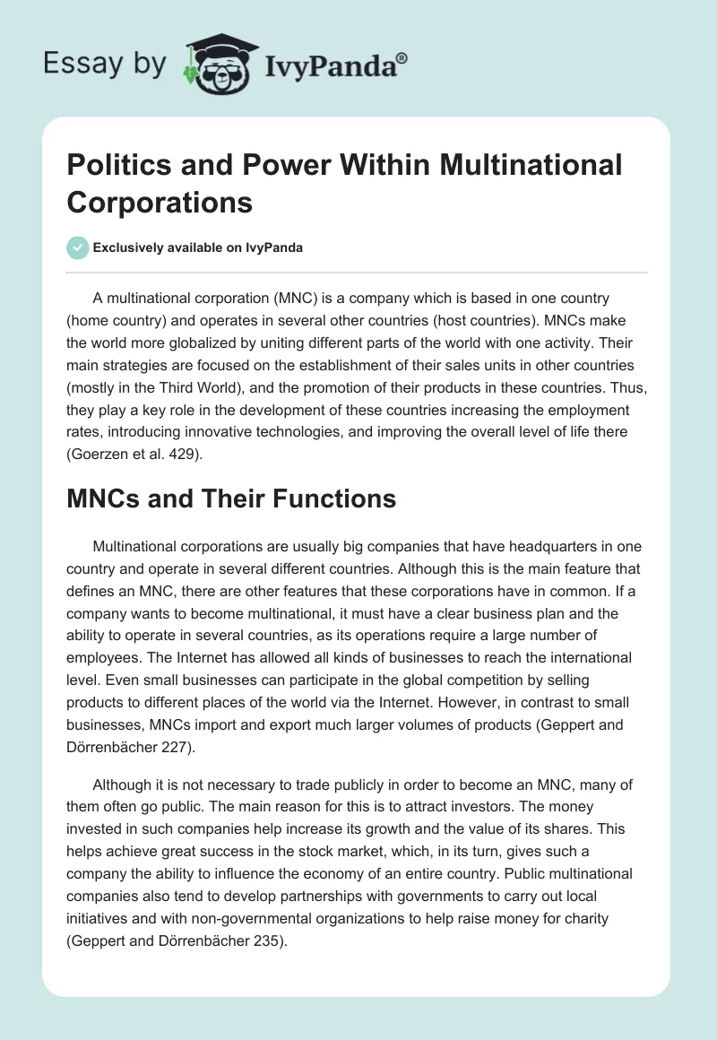 Politics and Power Within Multinational Corporations. Page 1