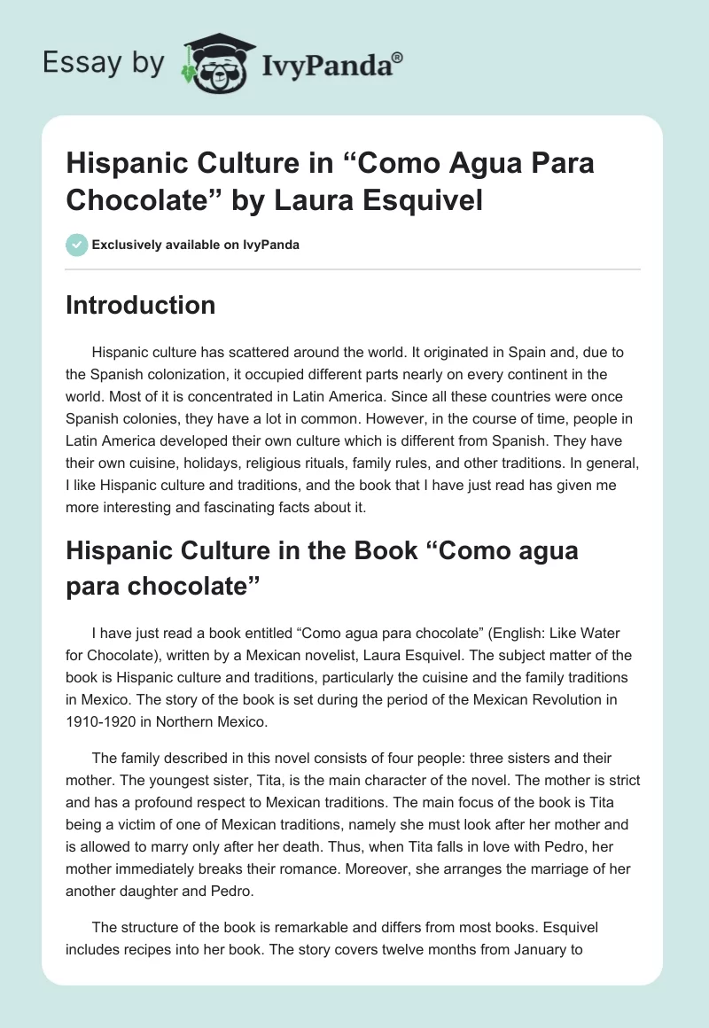 Hispanic Culture in “Como Agua Para Chocolate” by Laura Esquivel. Page 1
