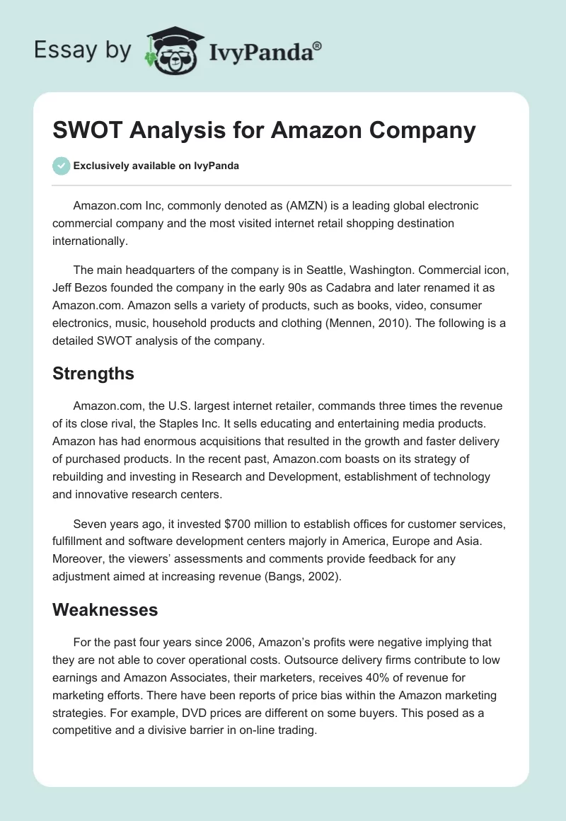 SWOT Analysis for Amazon Company. Page 1