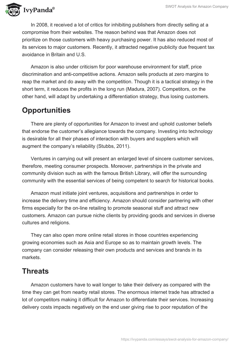 SWOT Analysis for Amazon Company. Page 2