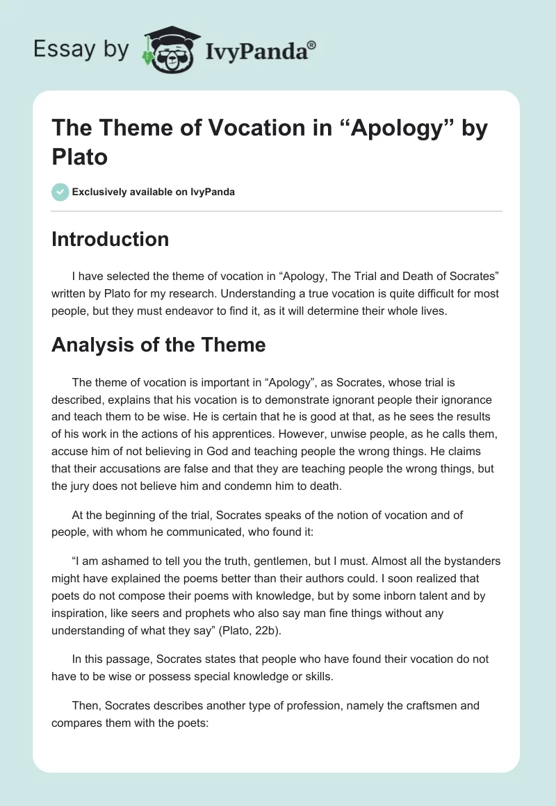 The Theme of Vocation in “Apology” by Plato. Page 1