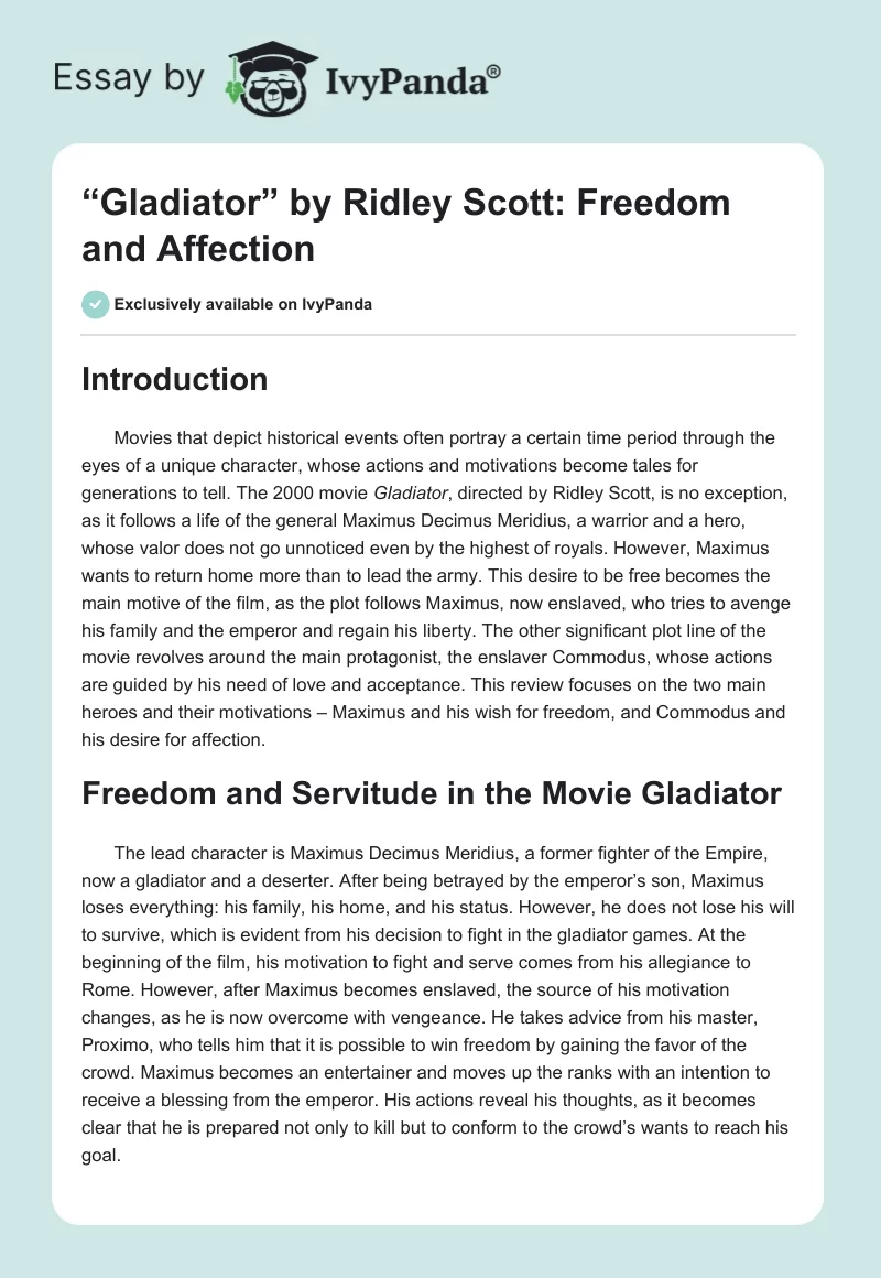 “Gladiator” by Ridley Scott: Freedom and Affection. Page 1