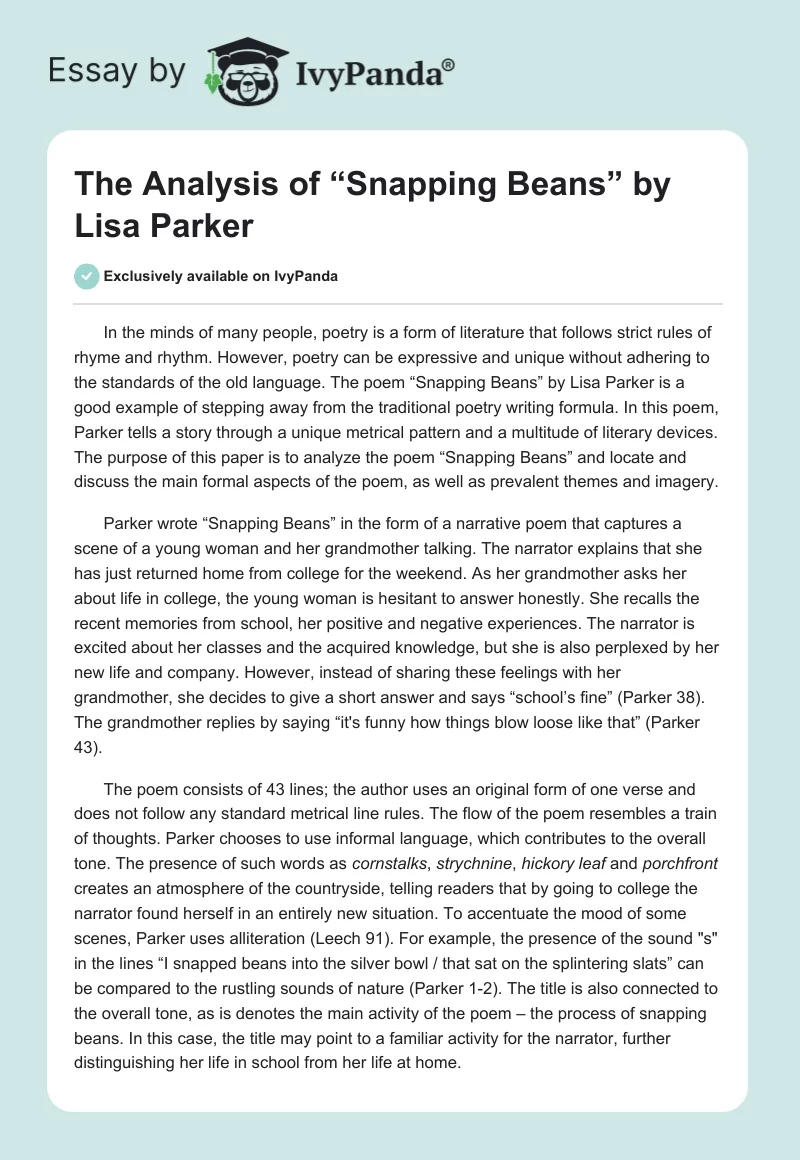 The Analysis of “Snapping Beans” by Lisa Parker. Page 1