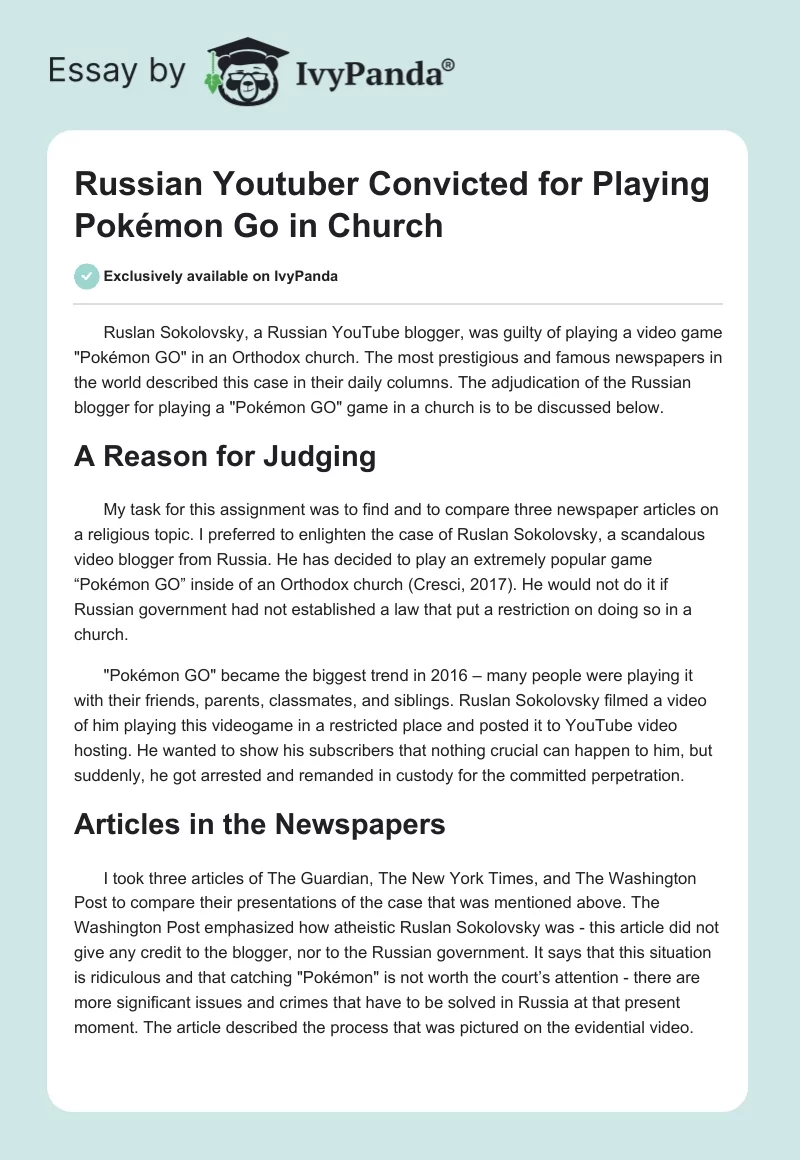 Russian Youtuber Convicted for Playing Pokémon Go in Church. Page 1