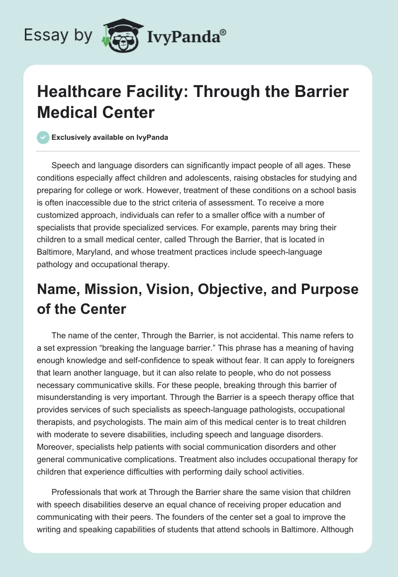 Healthcare Facility: Through the Barrier Medical Center. Page 1