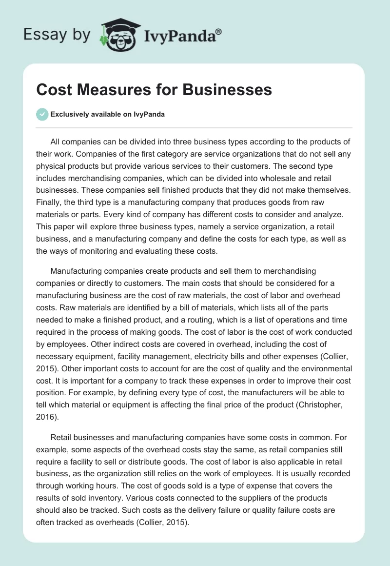 Cost Measures for Businesses. Page 1