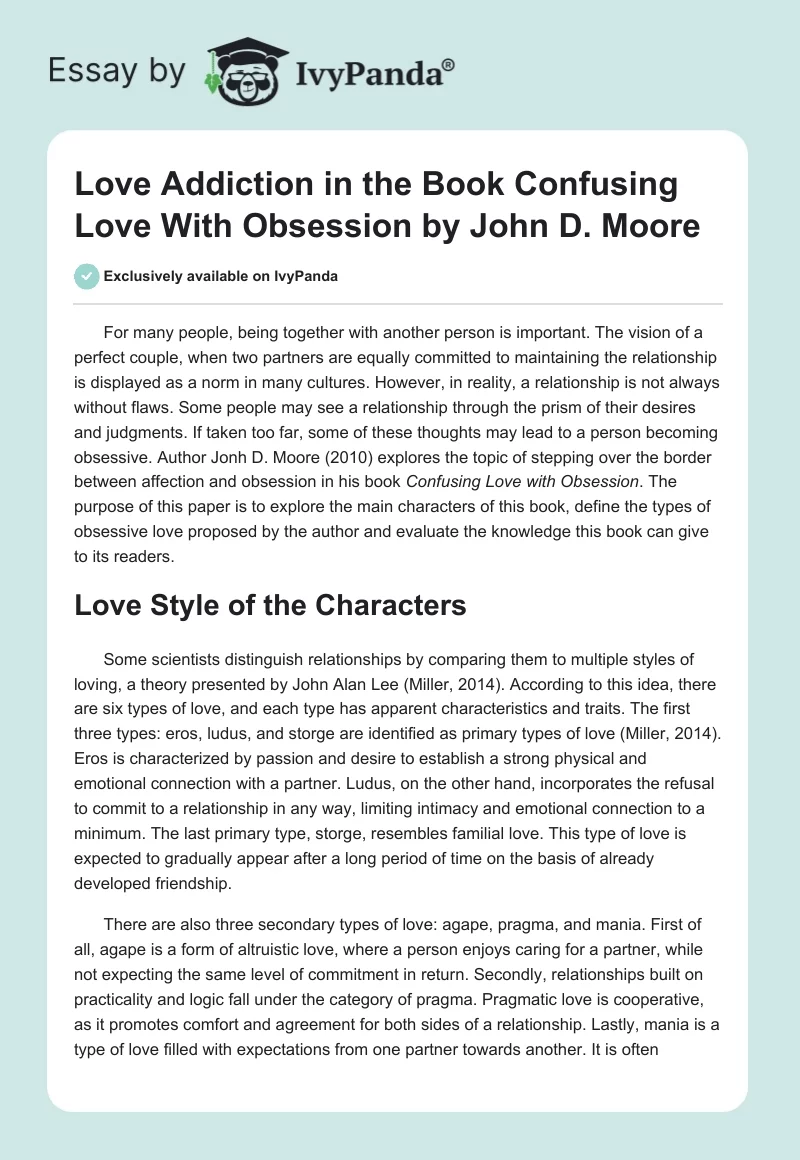 Love Addiction in the Book "Confusing Love With Obsession" by John D. Moore. Page 1