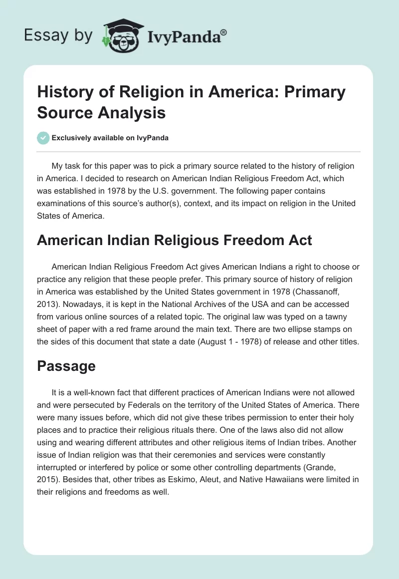 History of Religion in America: Primary Source Analysis. Page 1