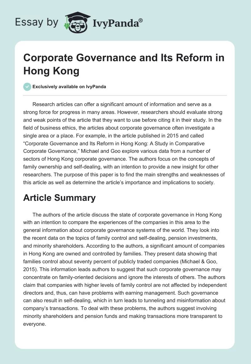 Corporate Governance and Its Reform in Hong Kong. Page 1