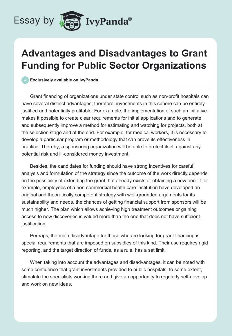Advantages and Disadvantages to Grant Funding for Public Sector Organizations. Page 1
