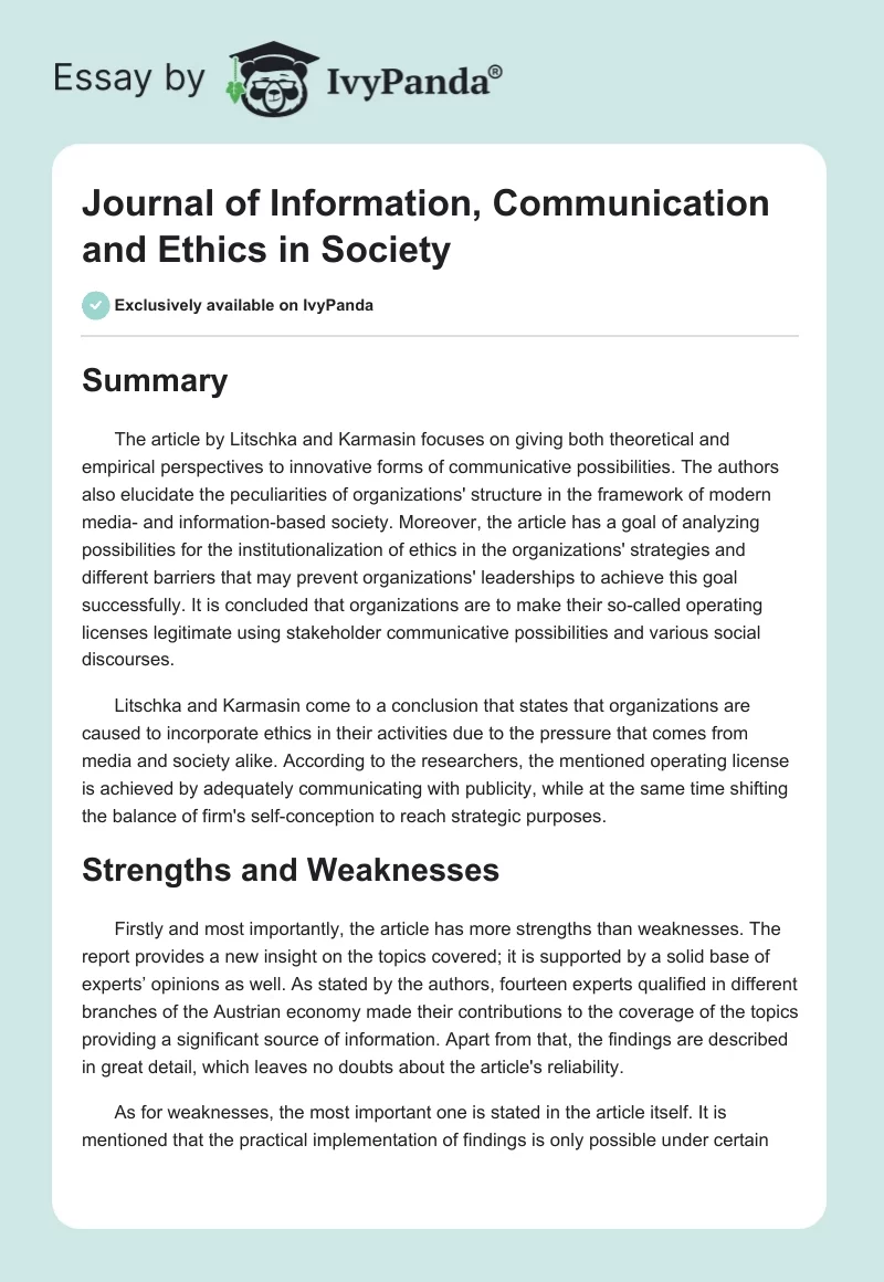 Journal of Information, Communication and Ethics in Society. Page 1