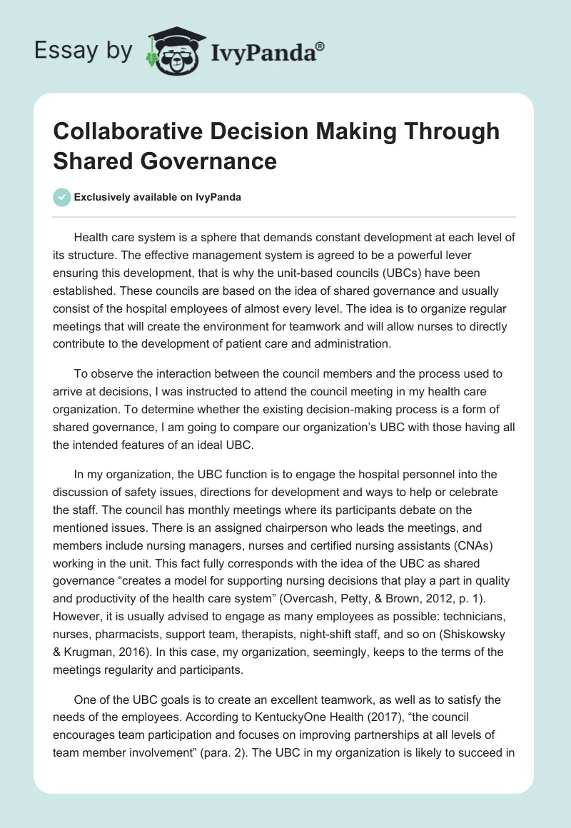Collaborative Decision Making Through Shared Governance. Page 1
