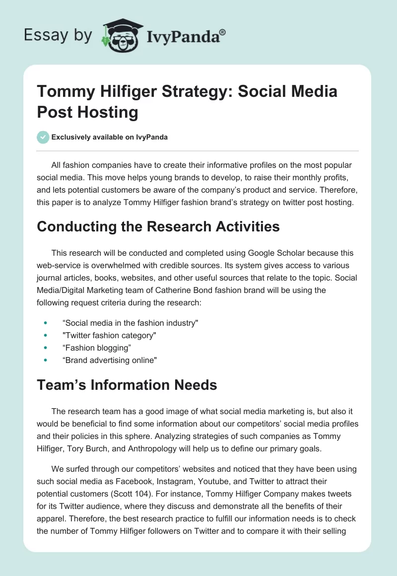 Tommy Hilfiger Strategy: Social Media Post Hosting. Page 1