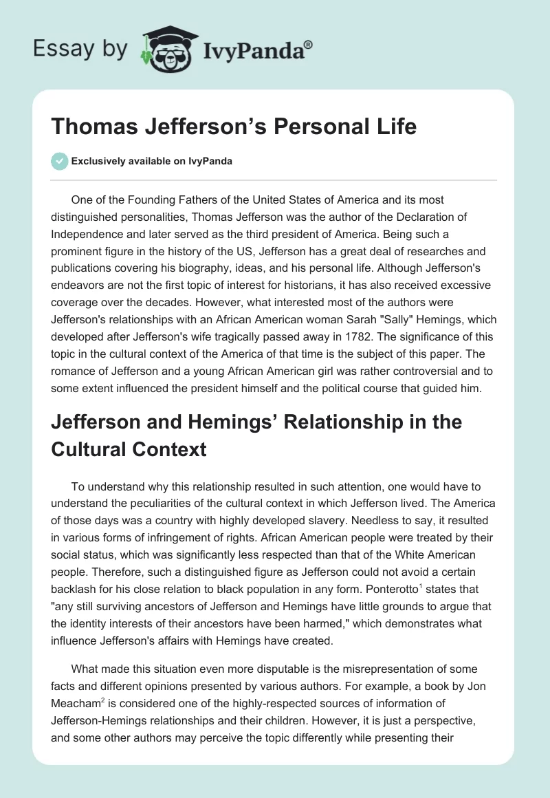 Thomas Jefferson’s Personal Life. Page 1