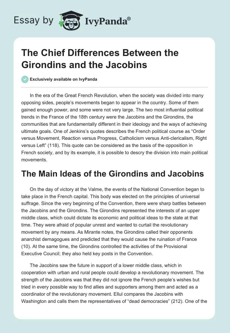 The Chief Differences Between the Girondins and the Jacobins. Page 1
