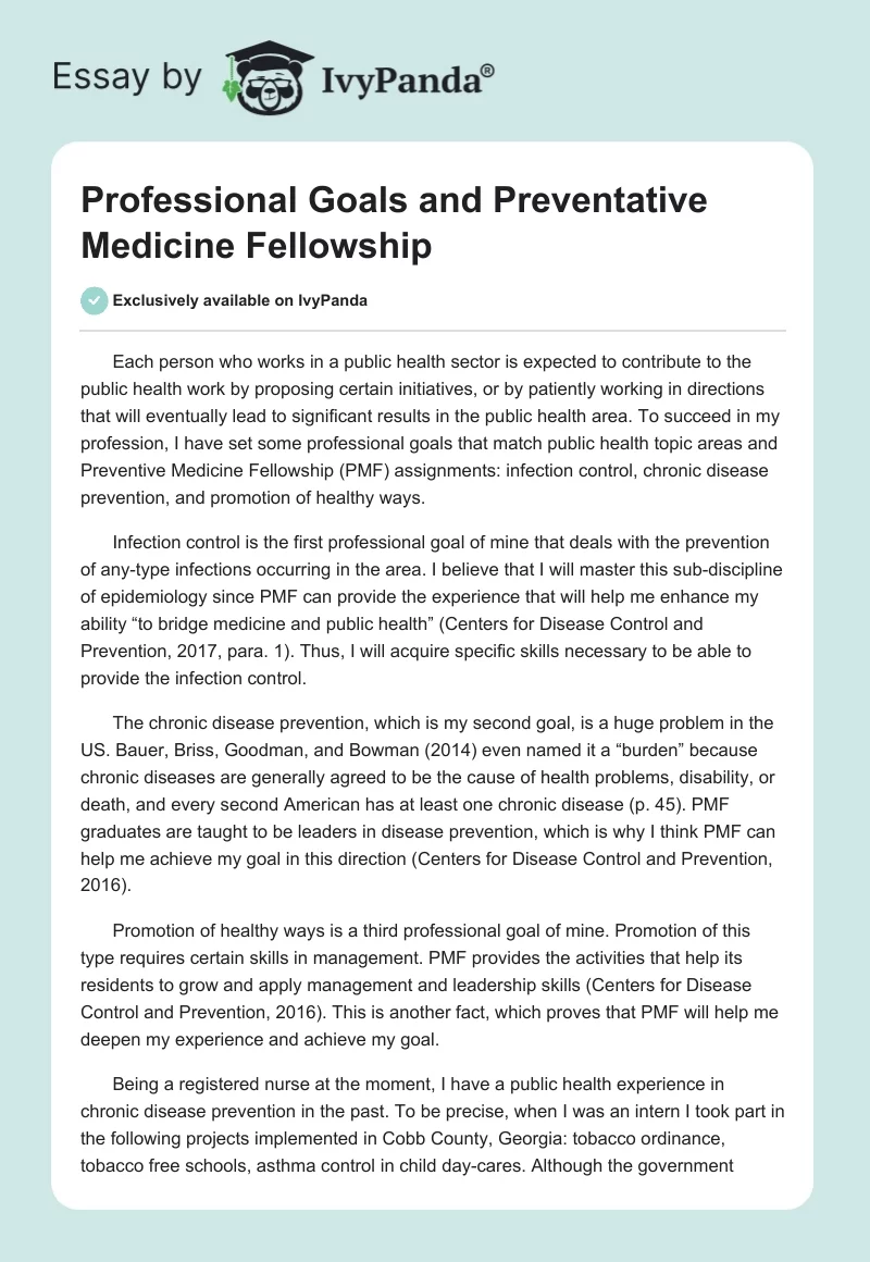 Professional Goals and Preventative Medicine Fellowship. Page 1