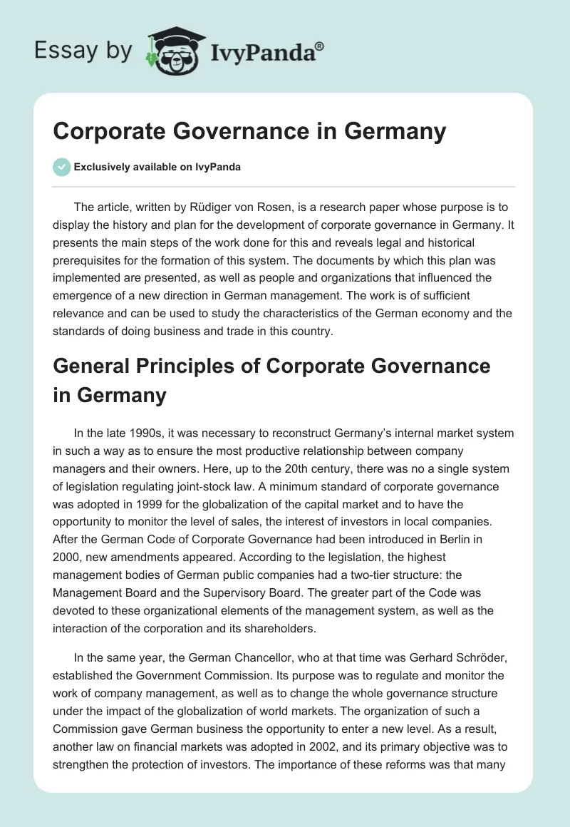 Corporate Governance in Germany. Page 1