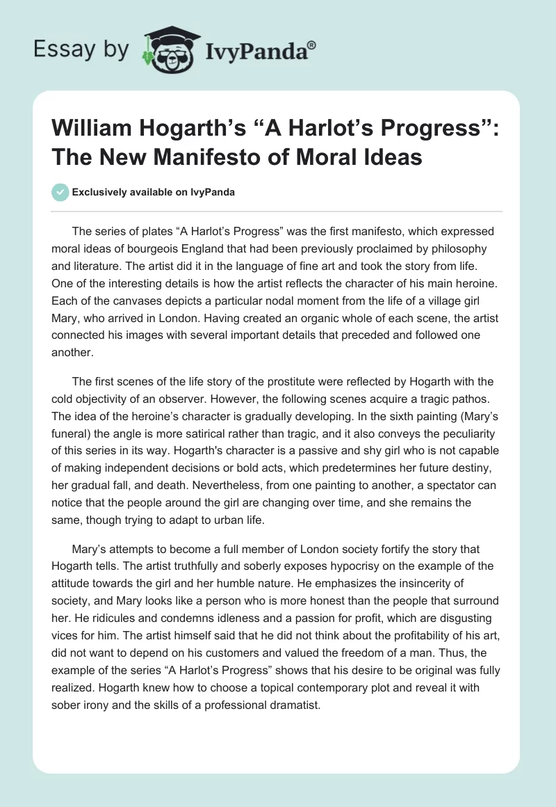 William Hogarth’s “A Harlot’s Progress”: The New Manifesto of Moral Ideas. Page 1