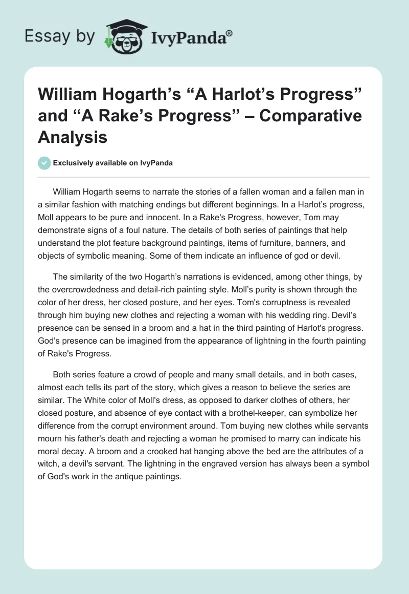 William Hogarth’s “A Harlot’s Progress” and “A Rake’s Progress” – Comparative Analysis. Page 1