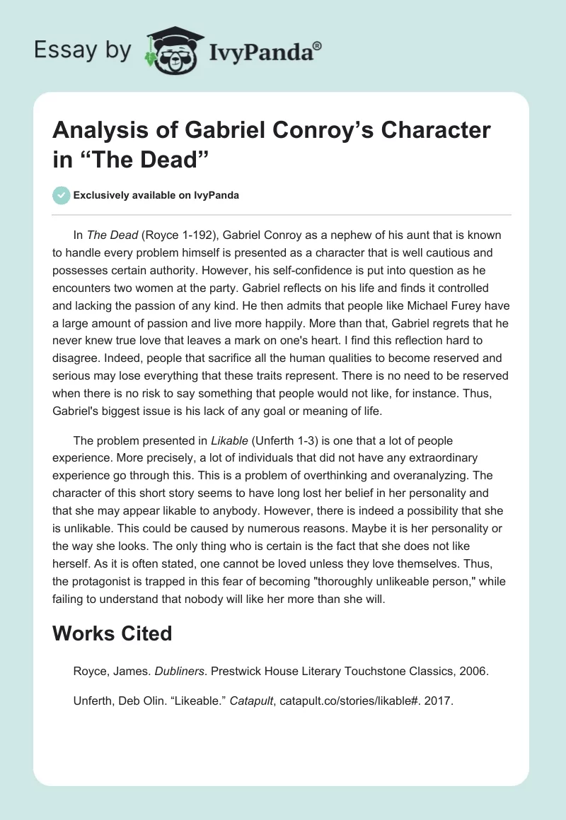 Analysis of Gabriel Conroy’s Character in “The Dead”. Page 1