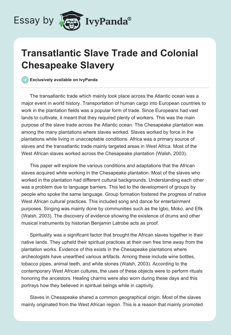 Transatlantic Slave Trade and Colonial Chesapeake Slavery. Page 1
