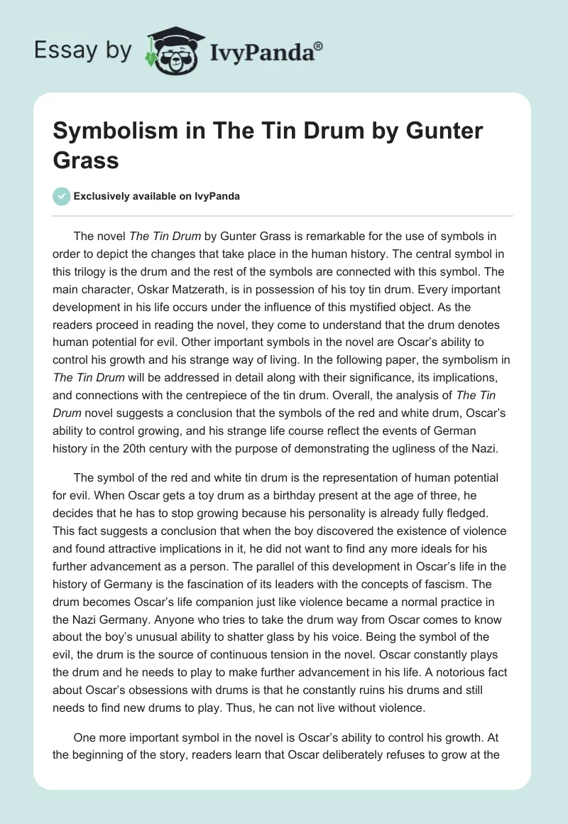 Symbolism in "The Tin Drum" by Gunter Grass. Page 1
