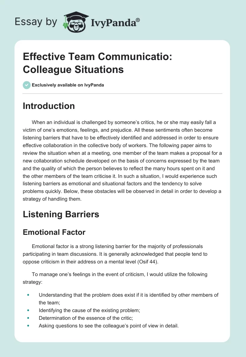 Effective Team Communicatio: Colleague Situations. Page 1