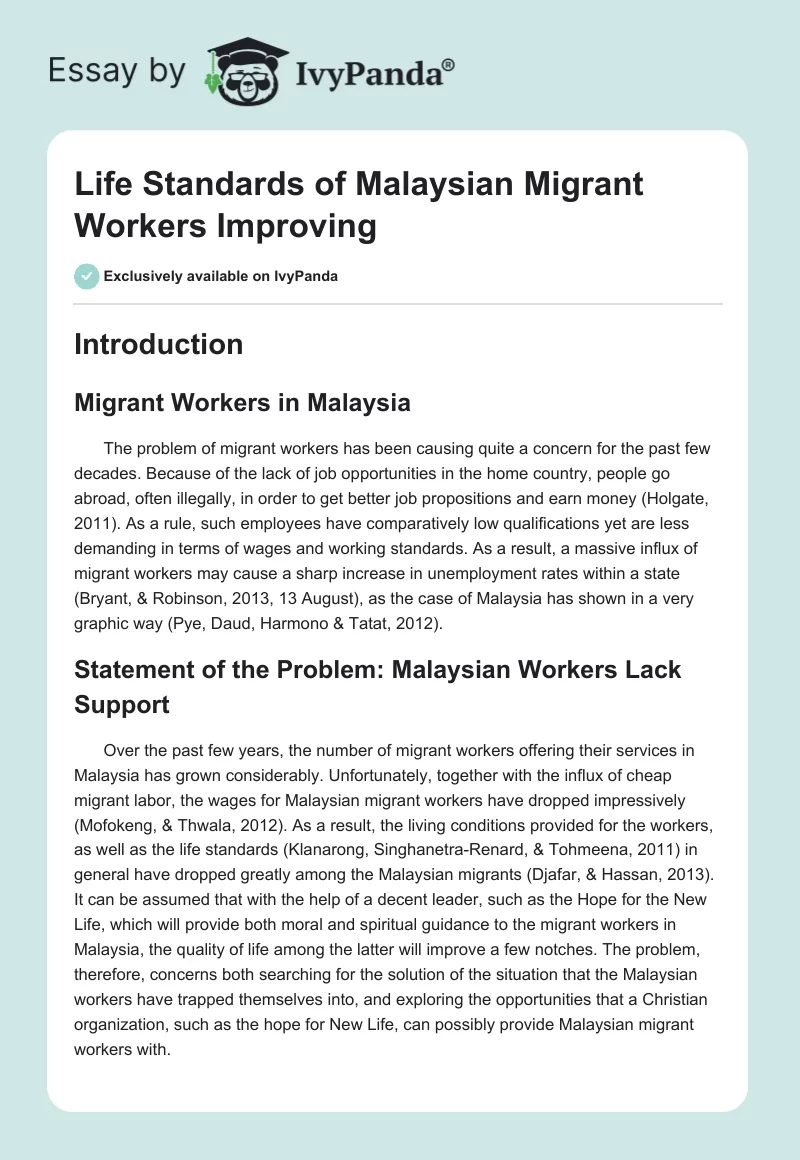 Life Standards of Malaysian Migrant Workers Improving. Page 1