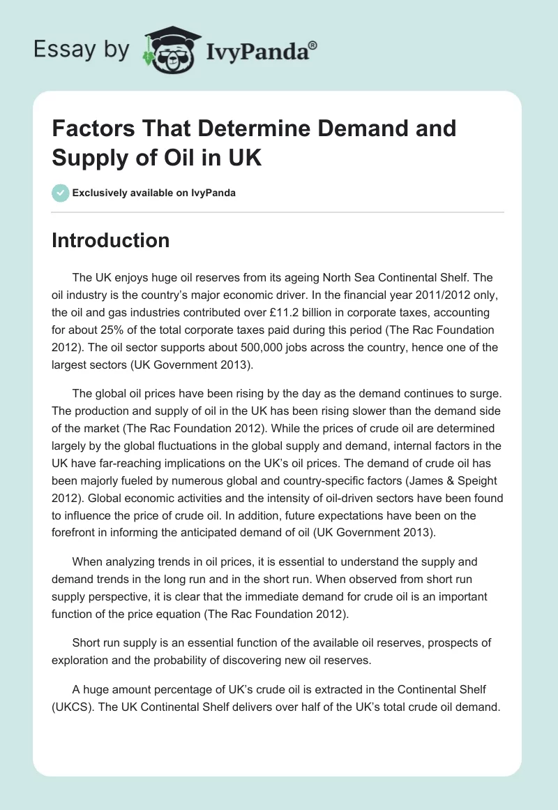 Factors That Determine Demand and Supply of Oil in UK. Page 1