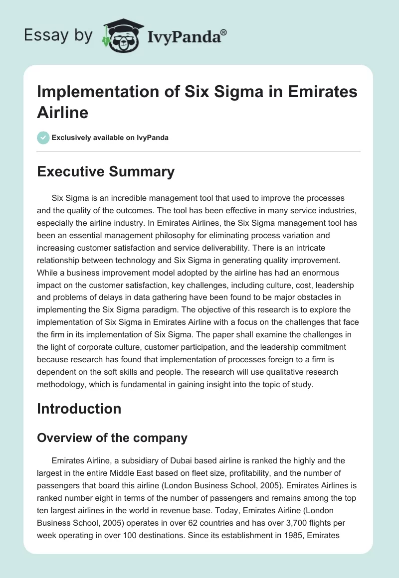 Implementation of Six Sigma in Emirates Airline. Page 1