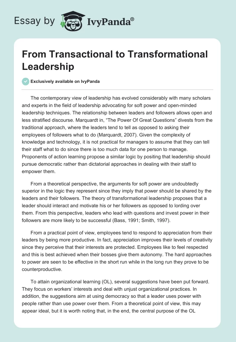 From Transactional to Transformational Leadership. Page 1