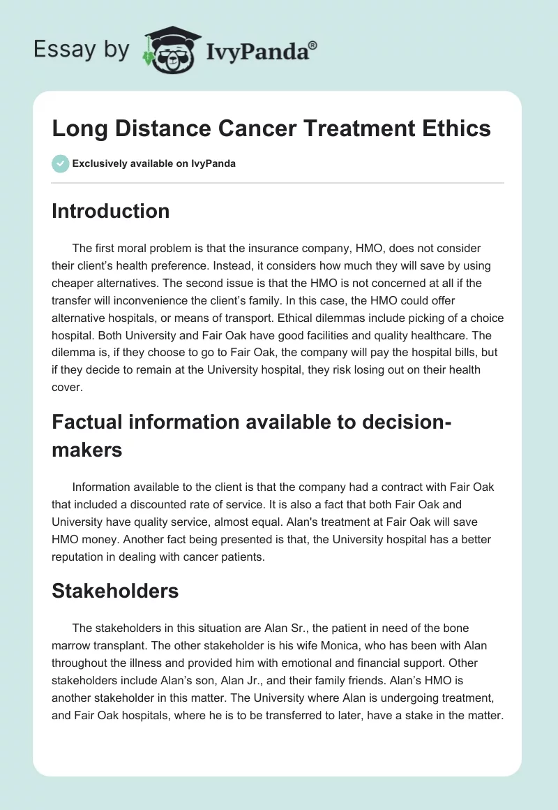 Long Distance Cancer Treatment Ethics. Page 1