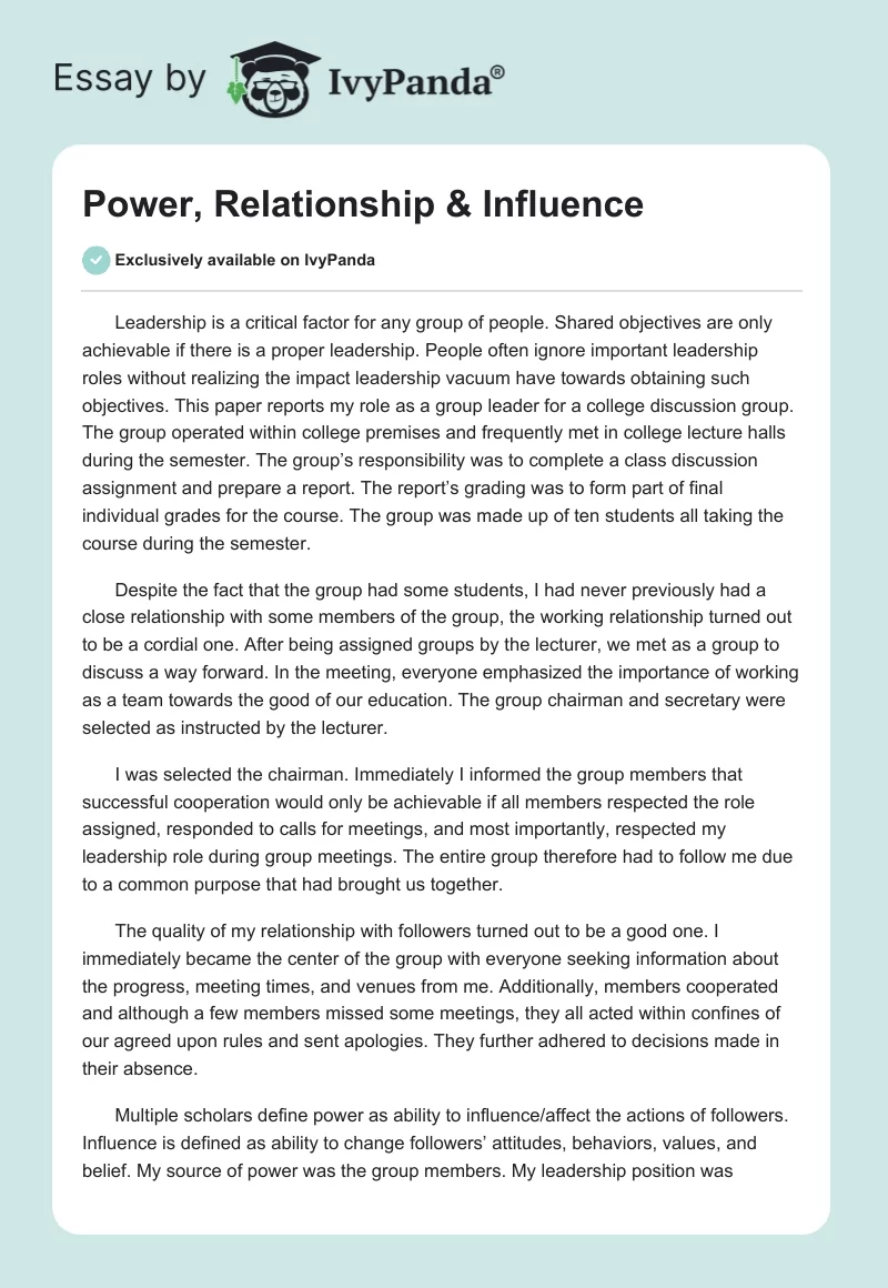 Power, Relationship & Influence. Page 1