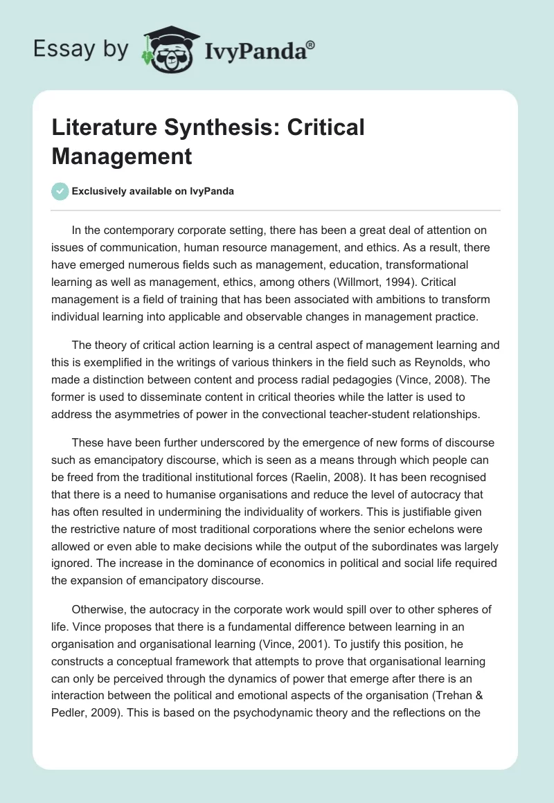 Literature Synthesis: Critical Management. Page 1