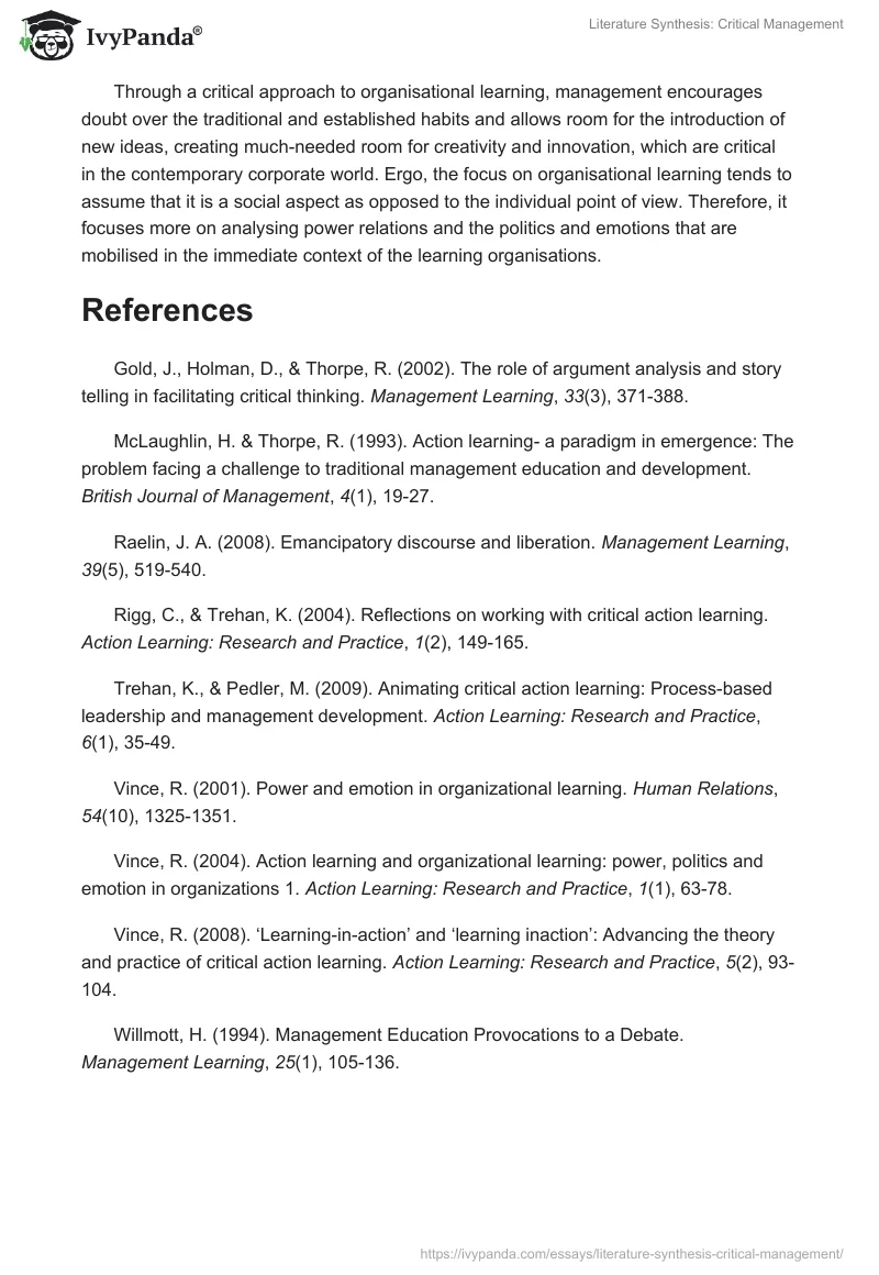 Literature Synthesis: Critical Management. Page 3
