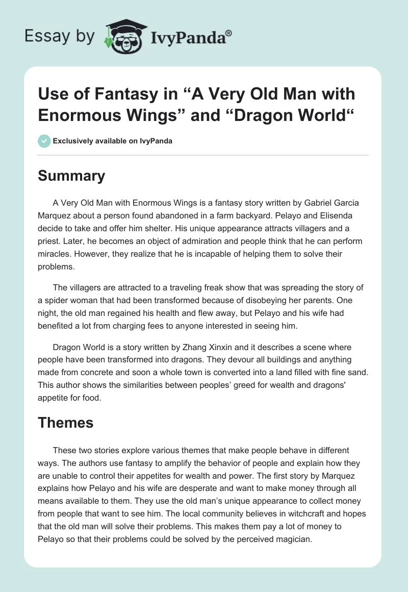 Use of Fantasy in “A Very Old Man With Enormous Wings” and “Dragon World“. Page 1