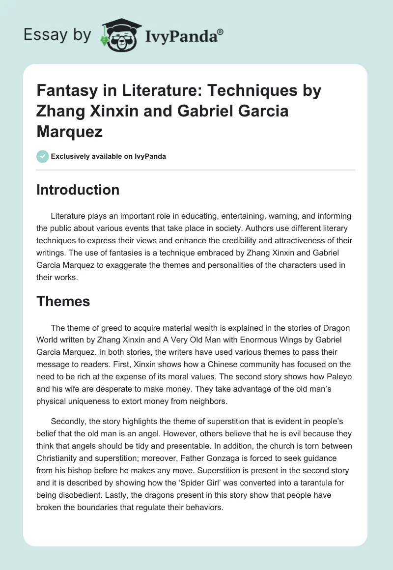 Fantasy in Literature: Techniques by Zhang Xinxin and Gabriel Garcia Marquez. Page 1