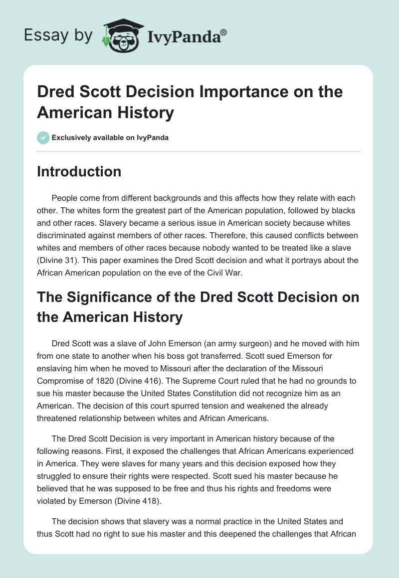 Dred Scott Decision Importance on the American History. Page 1