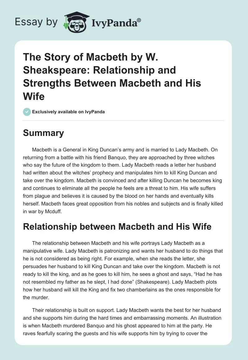 The Story of Macbeth by W. Sheakspeare: Relationship and Strengths Between Macbeth and His Wife. Page 1