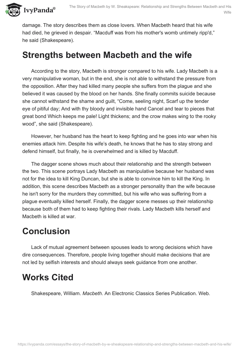 The Story of Macbeth by W. Sheakspeare: Relationship and Strengths Between Macbeth and His Wife. Page 2