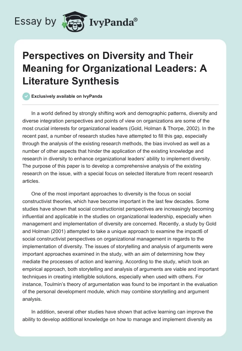 Perspectives on Diversity and Their Meaning for Organizational Leaders: A Literature Synthesis. Page 1