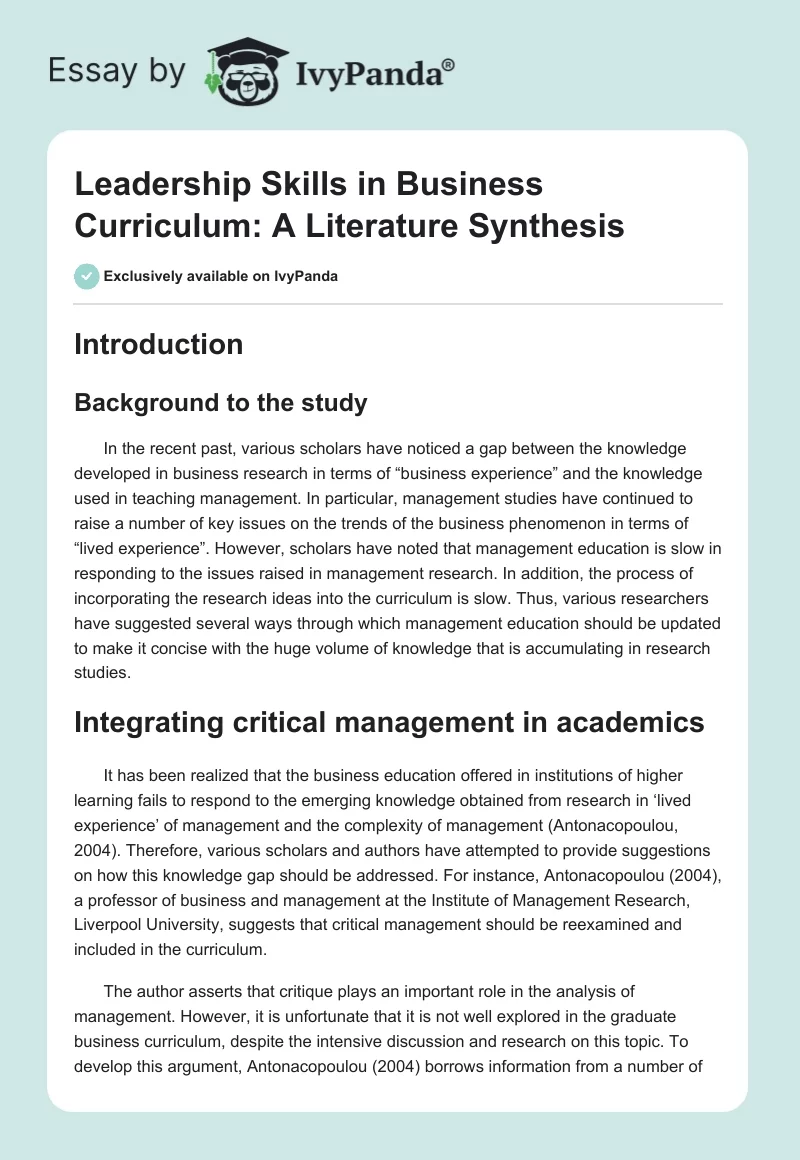 Leadership Skills in Business Curriculum: A Literature Synthesis. Page 1