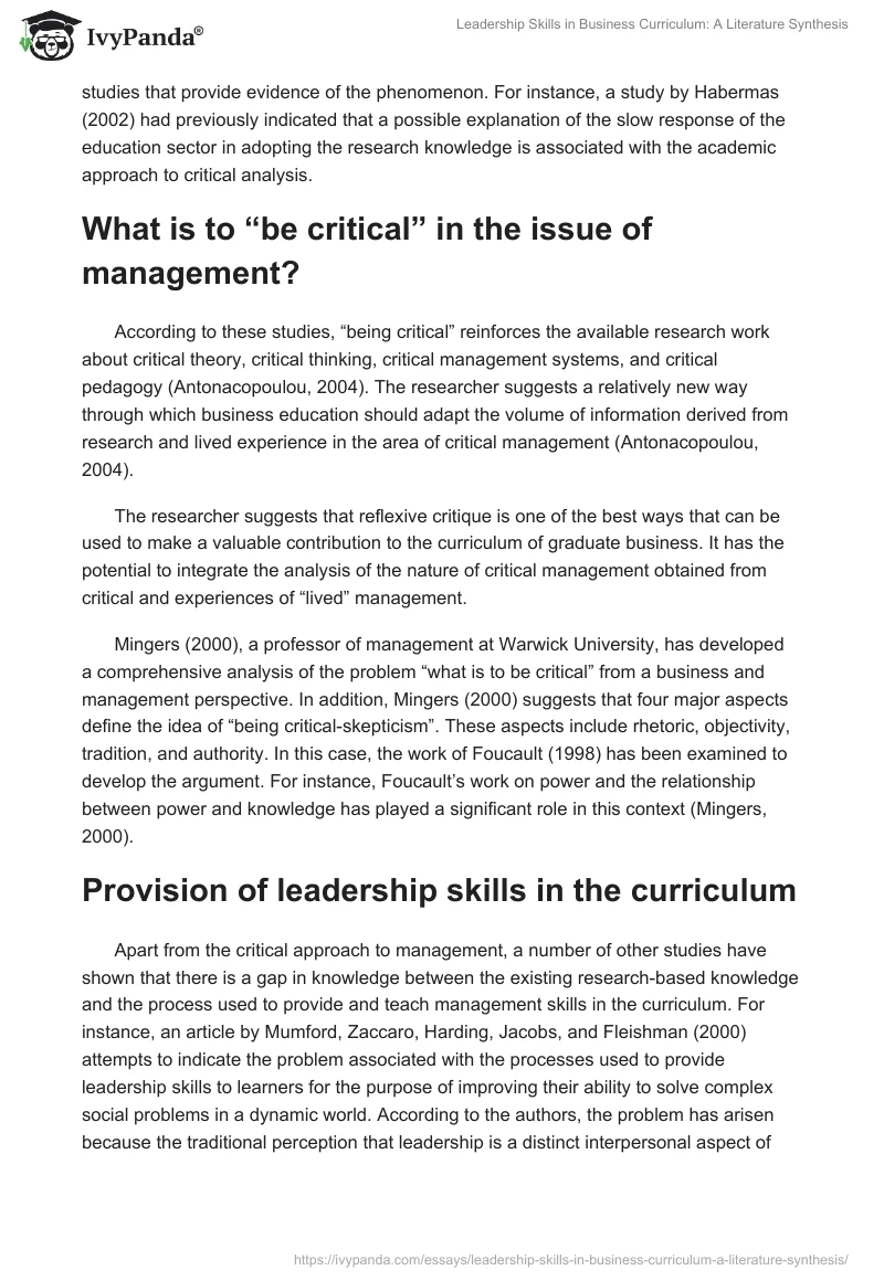 Leadership Skills in Business Curriculum: A Literature Synthesis. Page 2