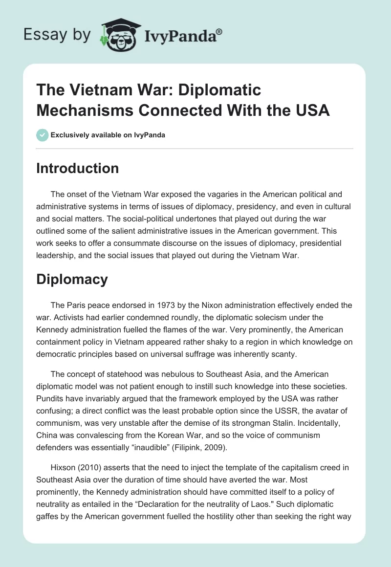The Vietnam War: Diplomatic Mechanisms Connected With the USA. Page 1