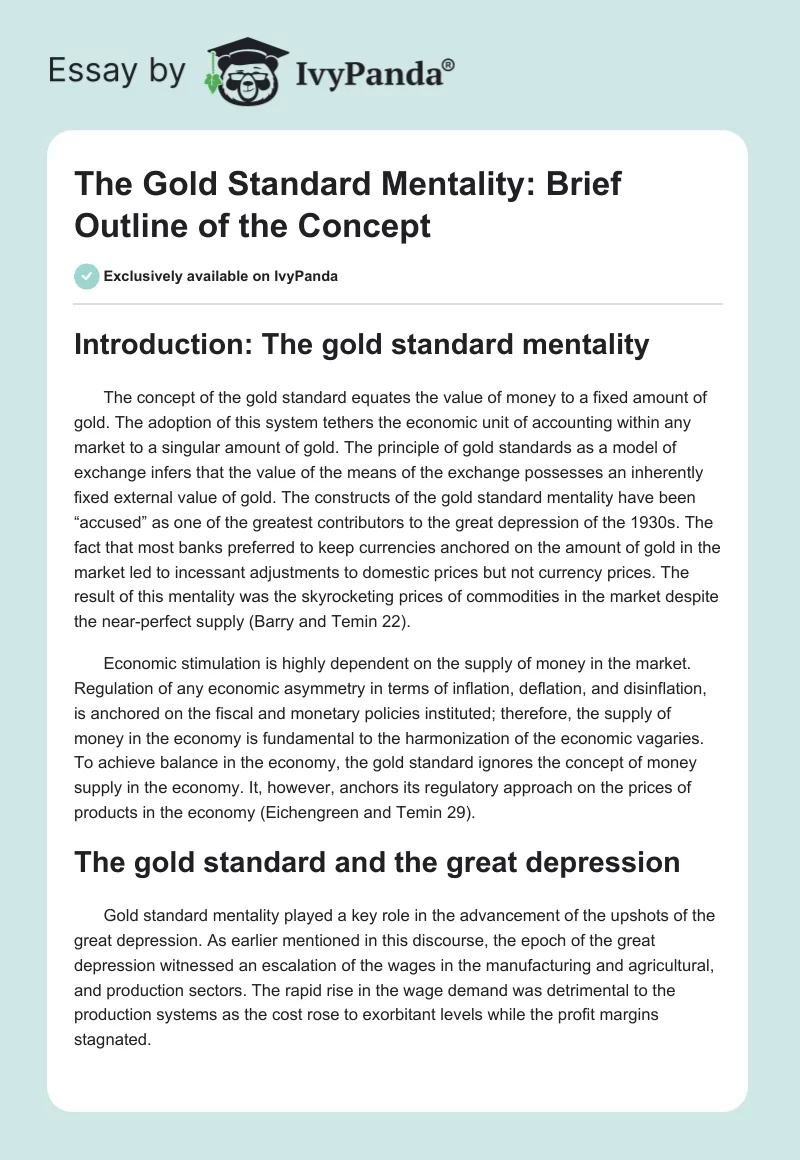 The Gold Standard Mentality: Brief Outline of the Concept. Page 1