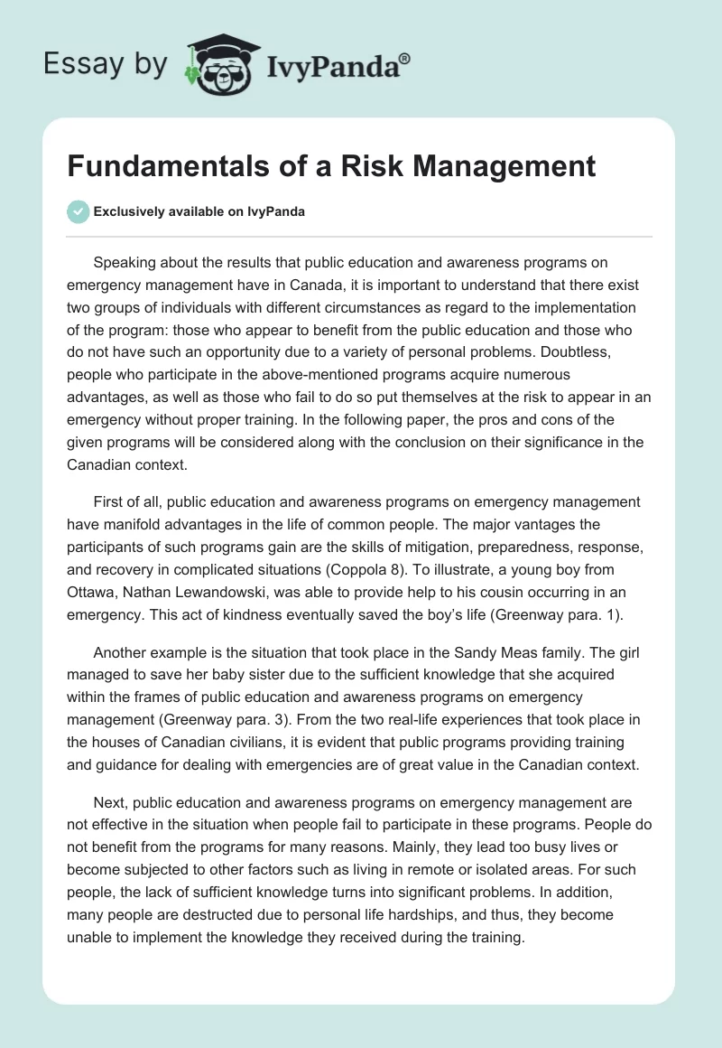 Fundamentals of a Risk Management. Page 1