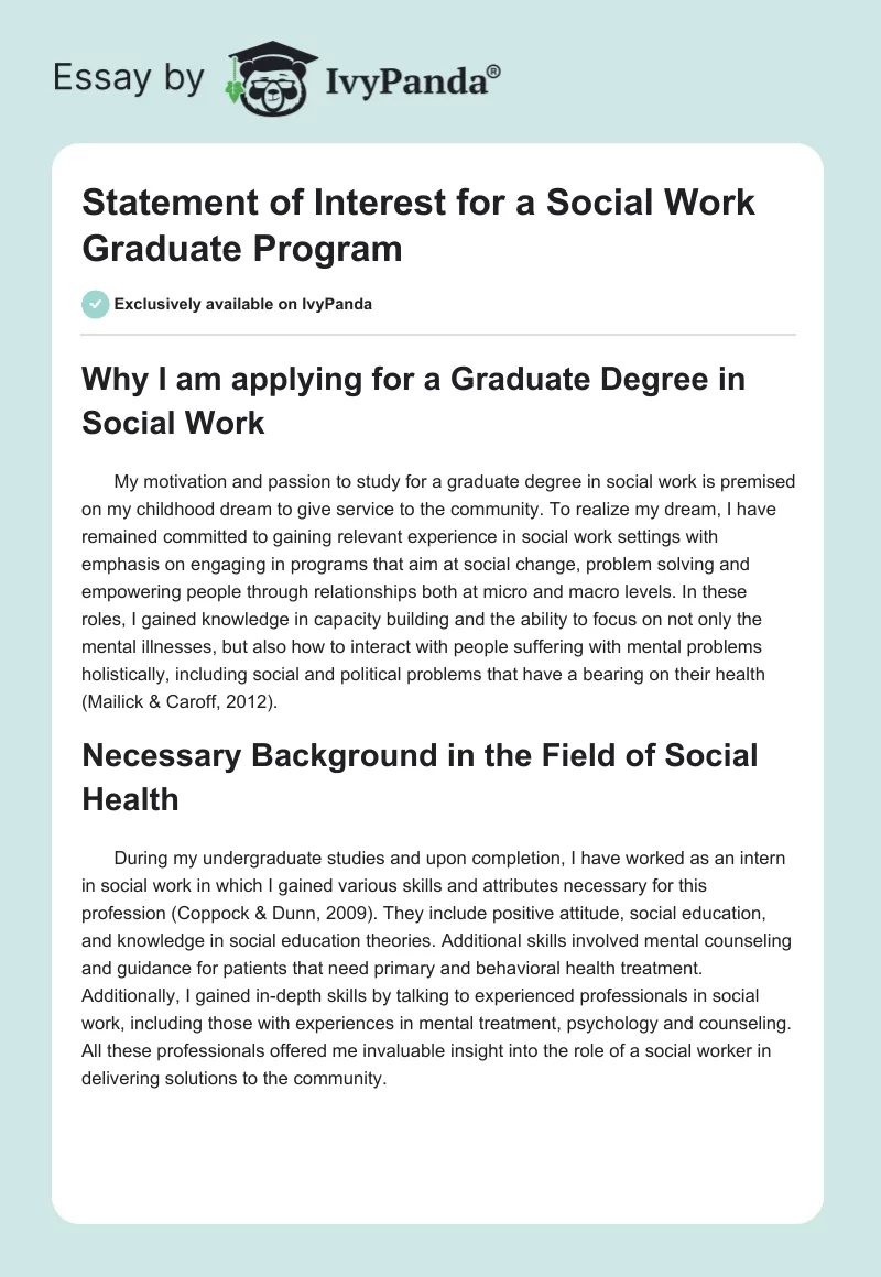 Statement of Interest for a Social Work Graduate Program. Page 1
