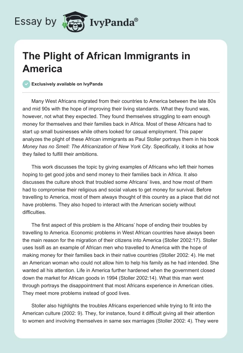 The Plight of African Immigrants in America. Page 1