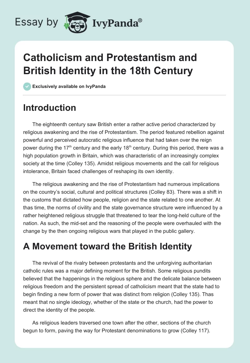 Catholicism and Protestantism and British Identity in the 18th Century. Page 1