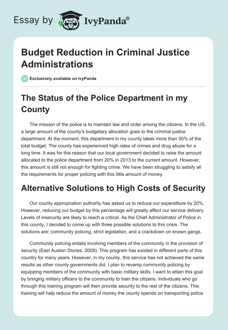 Budget Reduction in Criminal Justice Administrations. Page 1